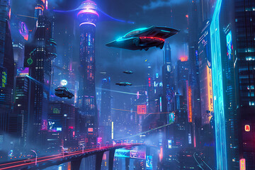 Poster - futuristic cityscape with tall skyscrapers and flying cars