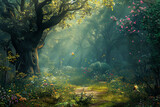 mystical forest with fairies and magical creatures hidden among the trees