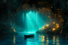 Mystical Underwater Cave With Bioluminescent Plants And Hidden Treasures.