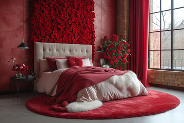 Wall Mural - Romantic bedroom decorated with rose flowers for Valentine's Day. Large bed with red and white bed linen