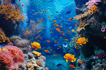 Canvas Print - An underwater scene with colorful coral reefs and exotic fish swimming