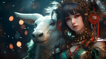 Wall Mural - fantasy anime girl with zodiac chinese goat head, with black hairs