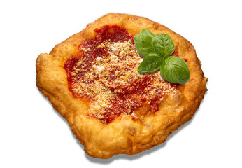 Wall Mural - Neapolitan fried pizza with tomato sauce cheese and basil leaves, called Montanara, isolated