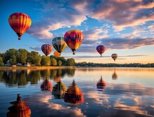 Hot Air Balloons Over A Lake