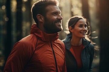 An adult couple on a morning jog in a sunny forest. Healthy lifestyle concept