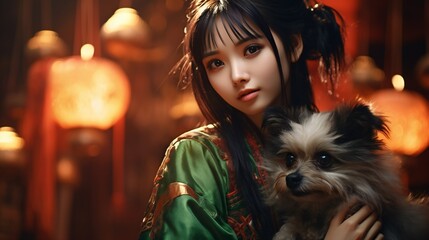 Wall Mural - fantasy anime girl with zodiac chinese dog head, with black hairs