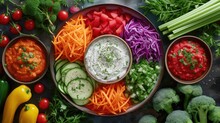 A Platter Of Colorful Vegetable Crudites Served With An Assortment Of Gourmet Dips