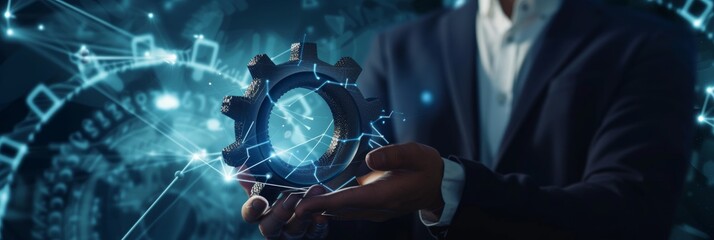 Businessman and augmented reality. Infographics and engineering developments. Generative AI.