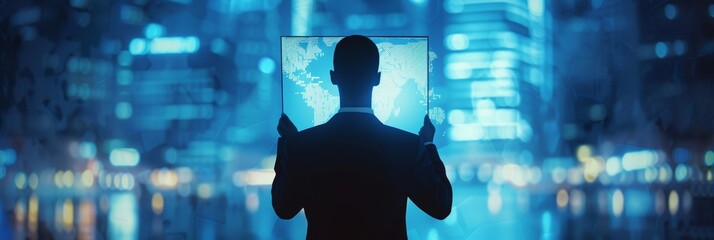 Businessman and augmented reality. Infographics and engineering developments. Generative AI.