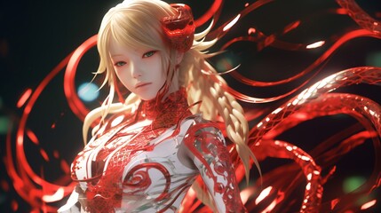 Wall Mural - full-body Shot of generative ai art of blonde anime girl with red snake head