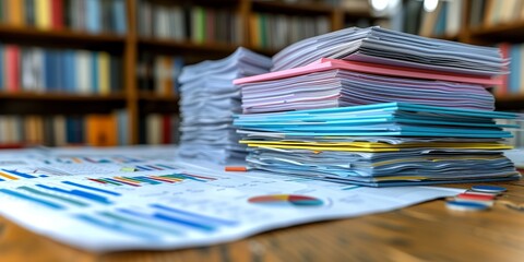 Stacks of Paperwork and Charts on a Library Desk