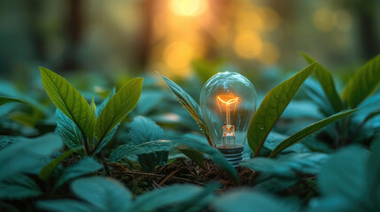 Wall Mural - lightbulb with small plant on soil and sunshine. concept saving energy in nature
