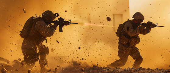 Wall Mural - Soldiers advance through a haze of dust and heat, a vivid depiction of military action and gritty determination