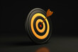 Creative illustration of red, black and yellows round shaped target with thin arrow representing concept of setting goals correctly on black background