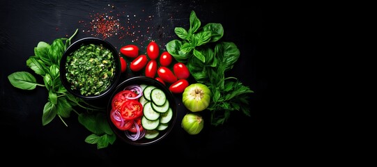 Two bowls of cucumber, onion, leaf lettuce, tomatoes and basil on black background.