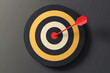 Creative illustration of red, black, white and yellows round shaped target with thin arrow representing concept of setting goals correctly on black background