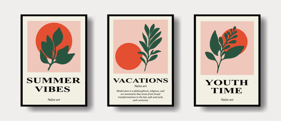 Poster - Collection of posters with organic floral decor, hand drawn in ink. Abstract shapes in modernism and fauvism boho style.