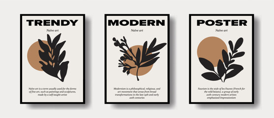 Poster - Collection of posters with organic floral decor, hand drawn in ink. Abstract shapes in modernism and fauvism boho style.