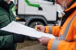 © Quintes - The truck driver and the engineer discuss together the data in the document near the truck. The concept of import and export delivery of business logistics.