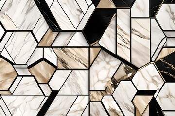 Poster - A luxurious wallpaper design consisting of creamy beige marble and dark ebony wood hexagon tiles, each adorned with white and golden accents, crisply divided by contrasting black seams. 8k