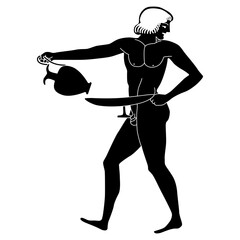 Ancient Greek naked youth holding vessel and bowl. Ganymede. Vase painting style. Black and white silhouette.