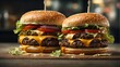 
Dive into a world of culinary delight with this alluring image featuring two delectable cheeseburgers. These mouthwatering creations are a feast for the senses, each one a work of art in its own righ