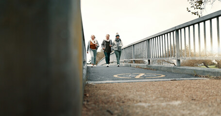 Poster - Senior women group, bridge and fitness with power walk, jog or training together for health in retirement. Elderly lady team, light running and moving for exercise, outdoor workout or support in park