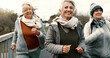 © Clement C/peopleimages.com - Senior friends, women and walking with fitness, exercise and fresh air with happiness, wellness and health. Female people, mature ladies and group with speed walk, training and energy with freedom