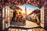Fototapeta Uliczki - A 3D mural depicting a European village square at sunrise, with pearl flowers on window sills and streets shimmering in the light. 8k