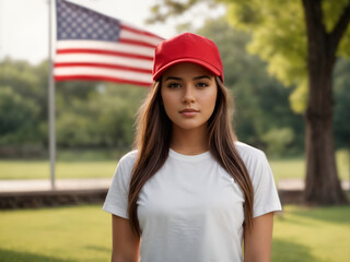 Wall Mural - Portrait of a beautiful woman with red cap and an american flag standing proud. Republican voter