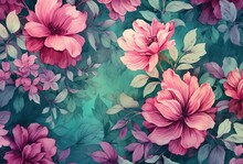 A Floral Background With Pink Flowers And Green Leaves Created With Generative AI