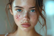 Young female teenager with acne  feeling depressed