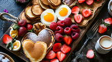 A Tray With Heart-shaped Pancakes And Breakfast Delights, Valentines Day, Backdrop, Footage, Love-themed, Romantic, Hearts, Roses, Sweetheart, Romance, Flowers, Candlelight, Relationship, Intimacy