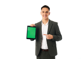 young businessman shows tablet with green screen isolated on white background