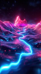 Wall Mural - Abstract wave made out of grids that are seen from a cinematic view of one of the holy geometry shapes, the shape is clearly animated, clear neon lines, 3d render, nothingness. Wallpaper, pattern.