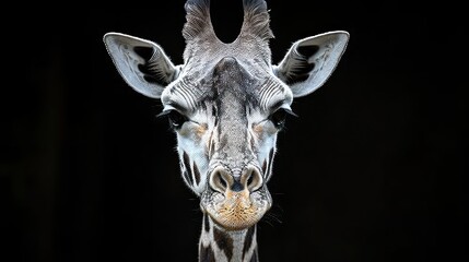 Poster -  a close up of a giraffe's face on a black background with its head turned to the side.