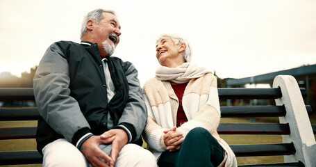 Poster - Retirement, laugh and Senior couple on bench at park with happiness or bond for quality time. Love, happy face and elderly woman or man in nature with support or embrace for trust or laugh together.