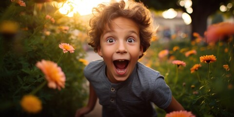 A young boy is standing in a field of flowers. Generative AI.