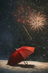 Wall Mural - At night, a red umbrella is opened and placed on the ground. Snow falls on the umbrella, and fireworks light up the night sky while it snows.