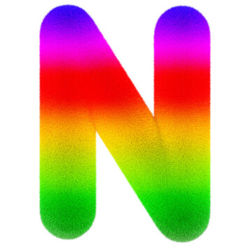 Letter N. Colored, fluffy, hairy font. 3D rendering isolated on transparent background
