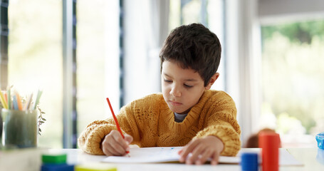 Poster - Student, drawing or boy writing homework on notebook in kindergarten education for growth development. Project, creative or young kid artist with color pencil learning or working on sketching skills