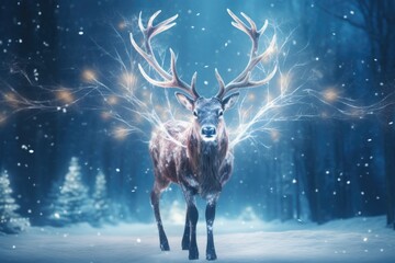 Poster - A beautiful deer stands tall in a snowy forest at night. Perfect for winter-themed designs and nature enthusiasts