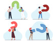 Set of men and women holding large question marks. People solving problems and finding new opportunities. FAQ service, thinking characters, find answer, cartoon isolated vector concept