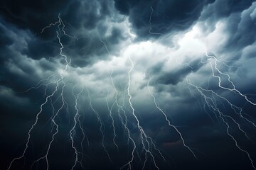 Poster - A captivating image capturing a bunch of lightnings in the sky. Perfect for illustrating the power and beauty of nature.