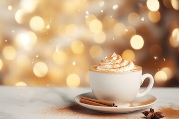 Poster - A cup of coffee with whipped cream and a sprinkle of cinnamon on a saucer. Perfect for coffee lovers and cozy vibes