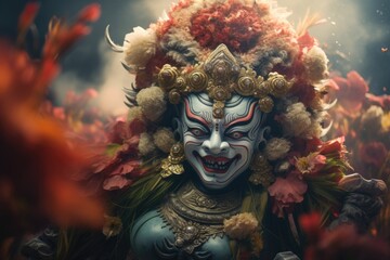 Poster - A close-up of a statue of a woman wearing a crown made of flowers. This image can be used to depict beauty, femininity, and nature