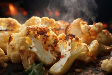 A close-up view of a bunch of cauliflower being grilled. Perfect for food enthusiasts and healthy eating promotions