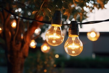Poster - A string of light bulbs hanging from a tree. Perfect for adding a festive touch to outdoor events