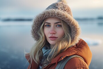 Canvas Print - A woman wearing a brown jacket and a furry hat. This image can be used to depict winter fashion or outdoor activities in cold weather