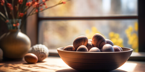 Wall Mural - Easter eggs in a wooden bowl on kitchen table, blurry bright window background 